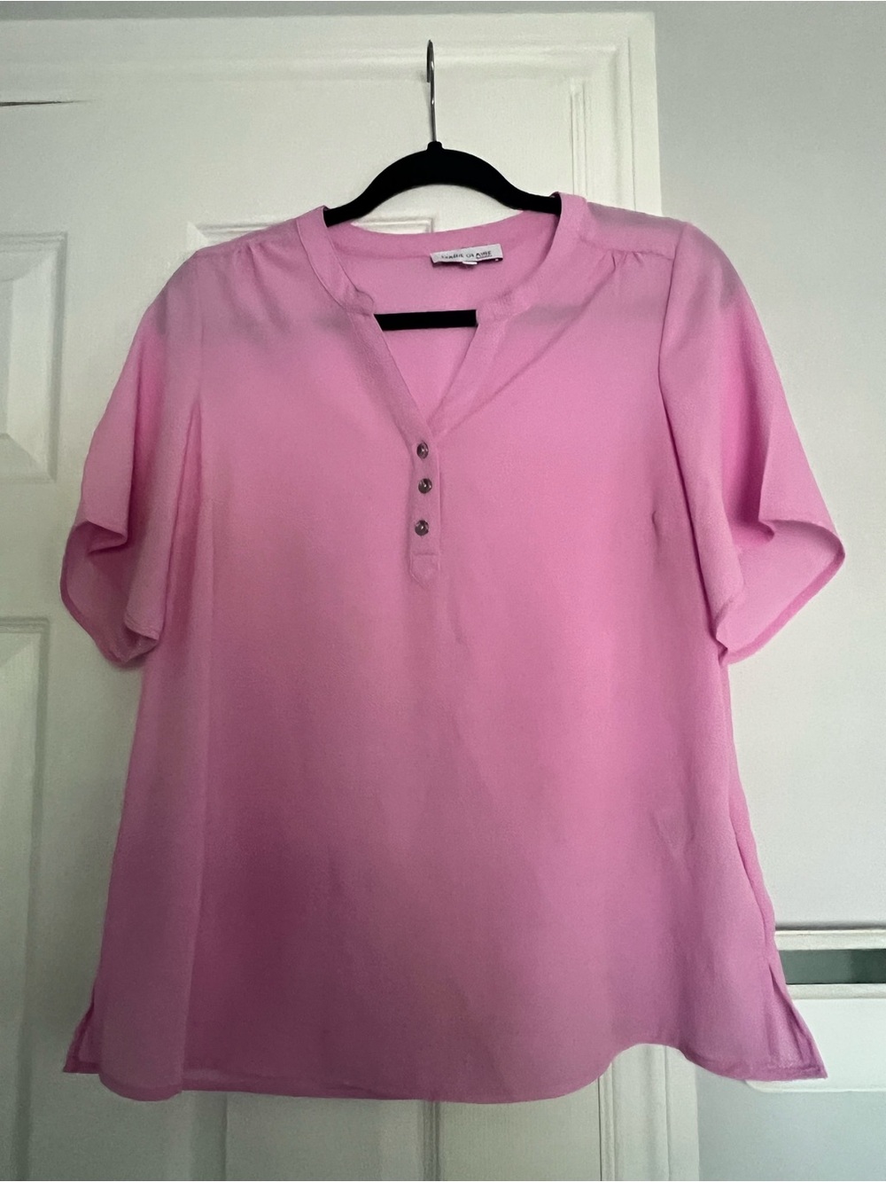 Marie Claire Short-Sleeve Pink Henley Blouse - Soft V-Neck